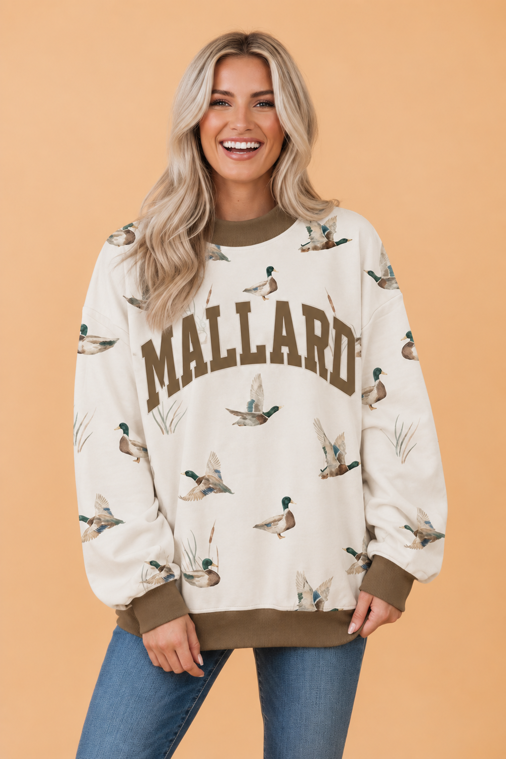 MALLARD/HOWDY Letter Print Baggy Mock Neck Sweatshirt