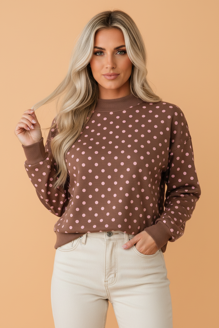 Polka Dot Mock Neck Drop Shoulder Sweatshirt