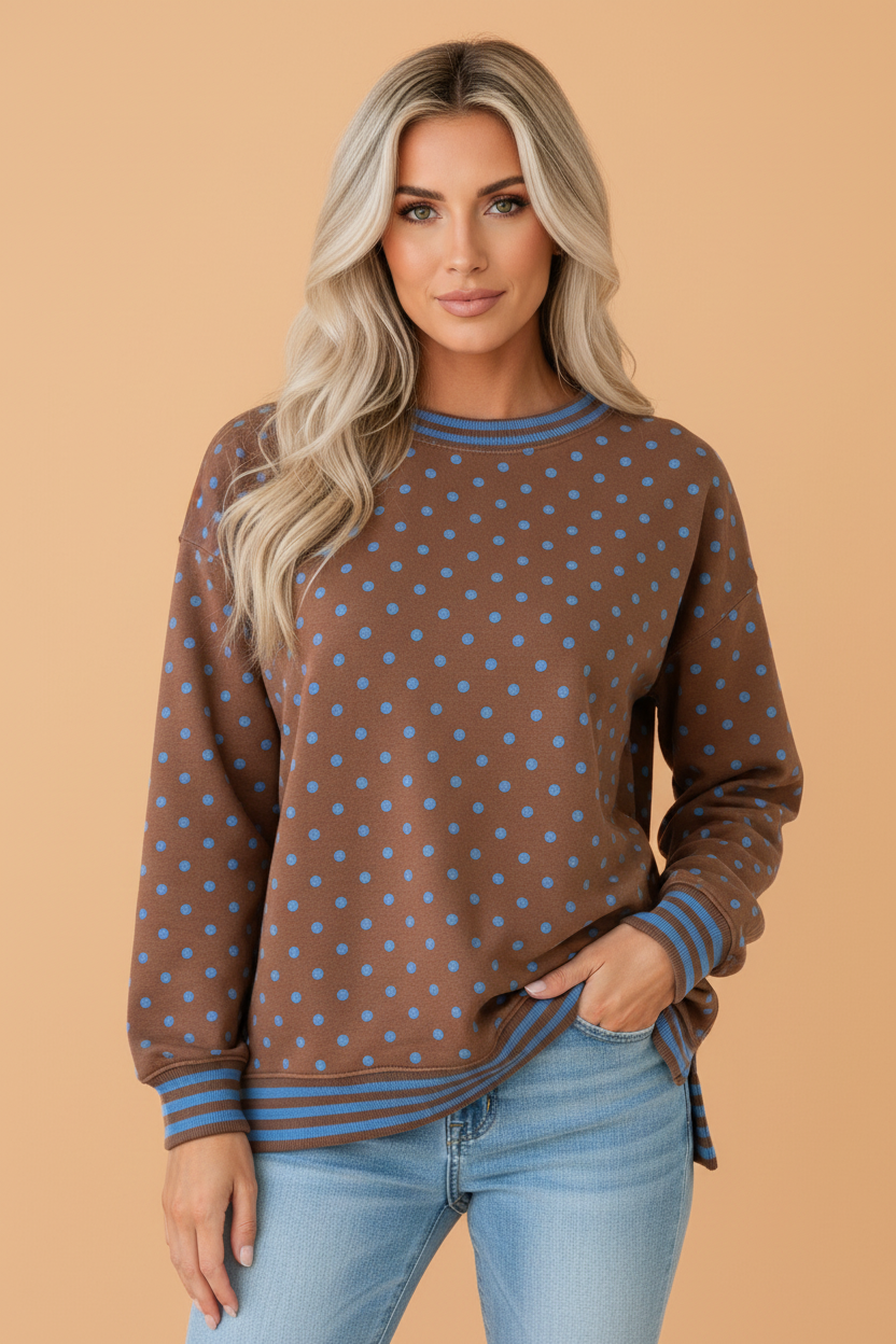 Polka Dot Stripe Trim Split Hem Sweatshirt