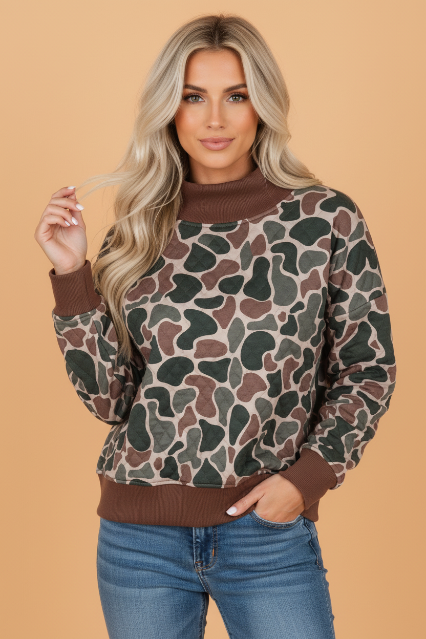 Camo Contrast Ribbed Mock Neck Quilted Sweatshirt