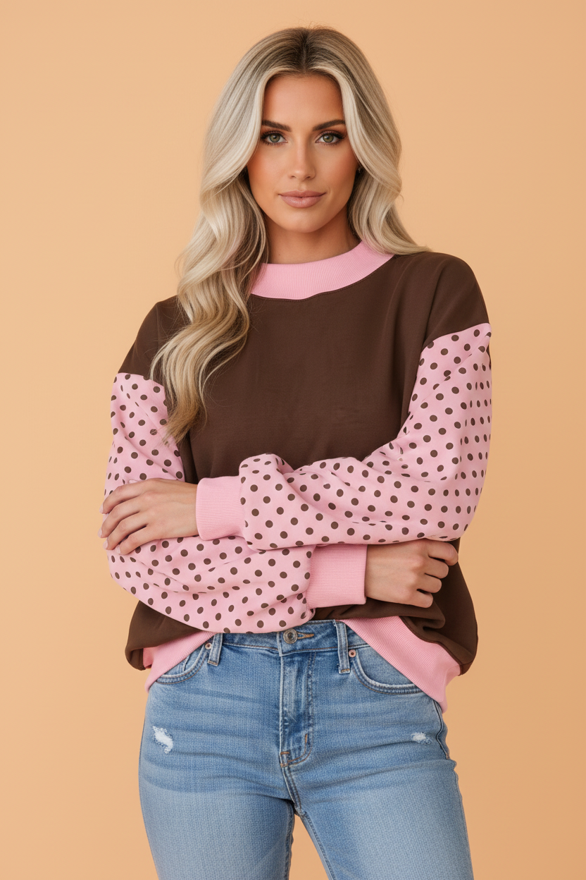 Polka Dot Colorblock Mock Neck Puff Sleeve Sweatshirt