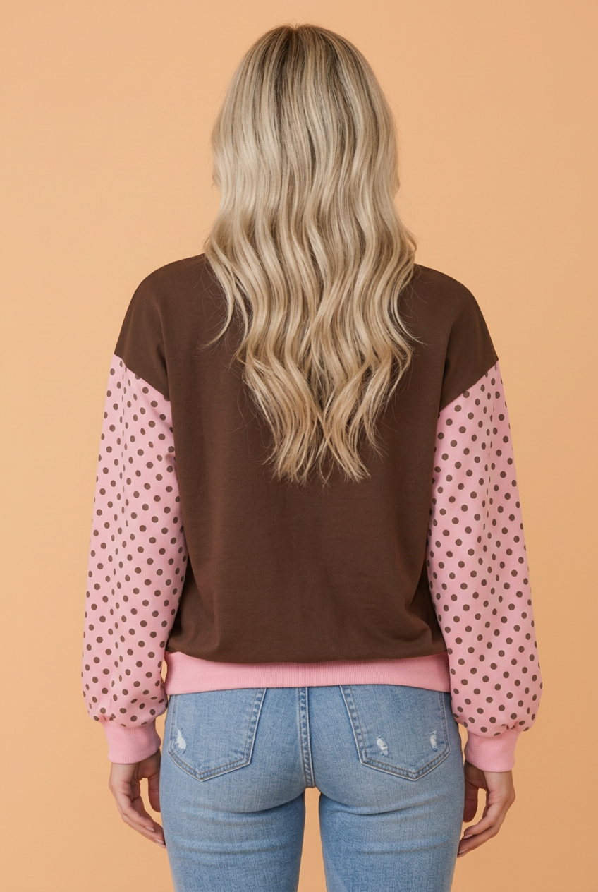 Polka Dot Colorblock Mock Neck Puff Sleeve Sweatshirt