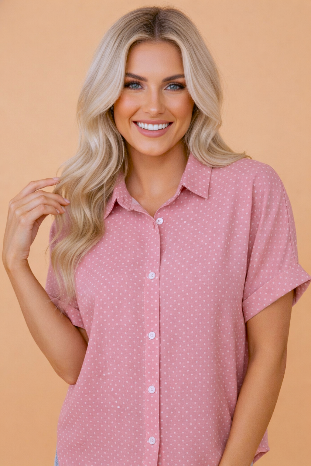 Polka Dot Cuffed Short Sleeve Buttoned Shirt