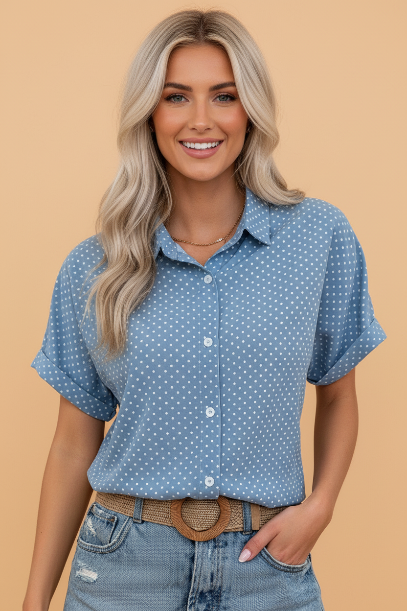 Polka Dot Cuffed Short Sleeve Shirt