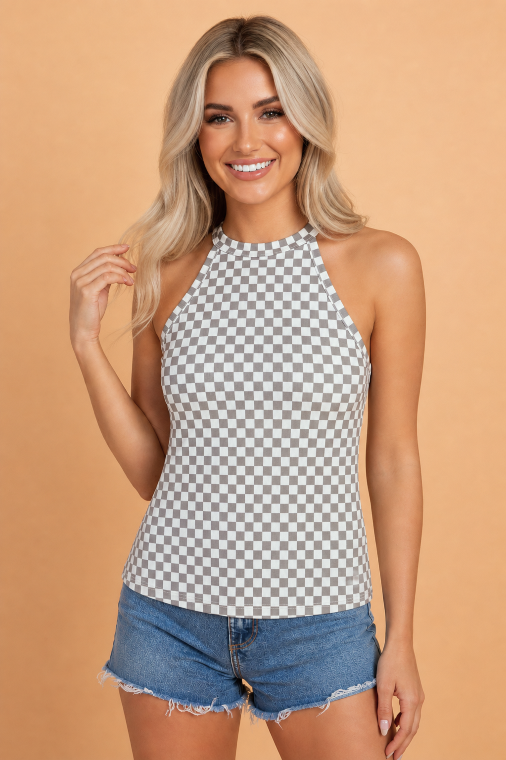 Checker Ribbed Knit Halter Tank Top