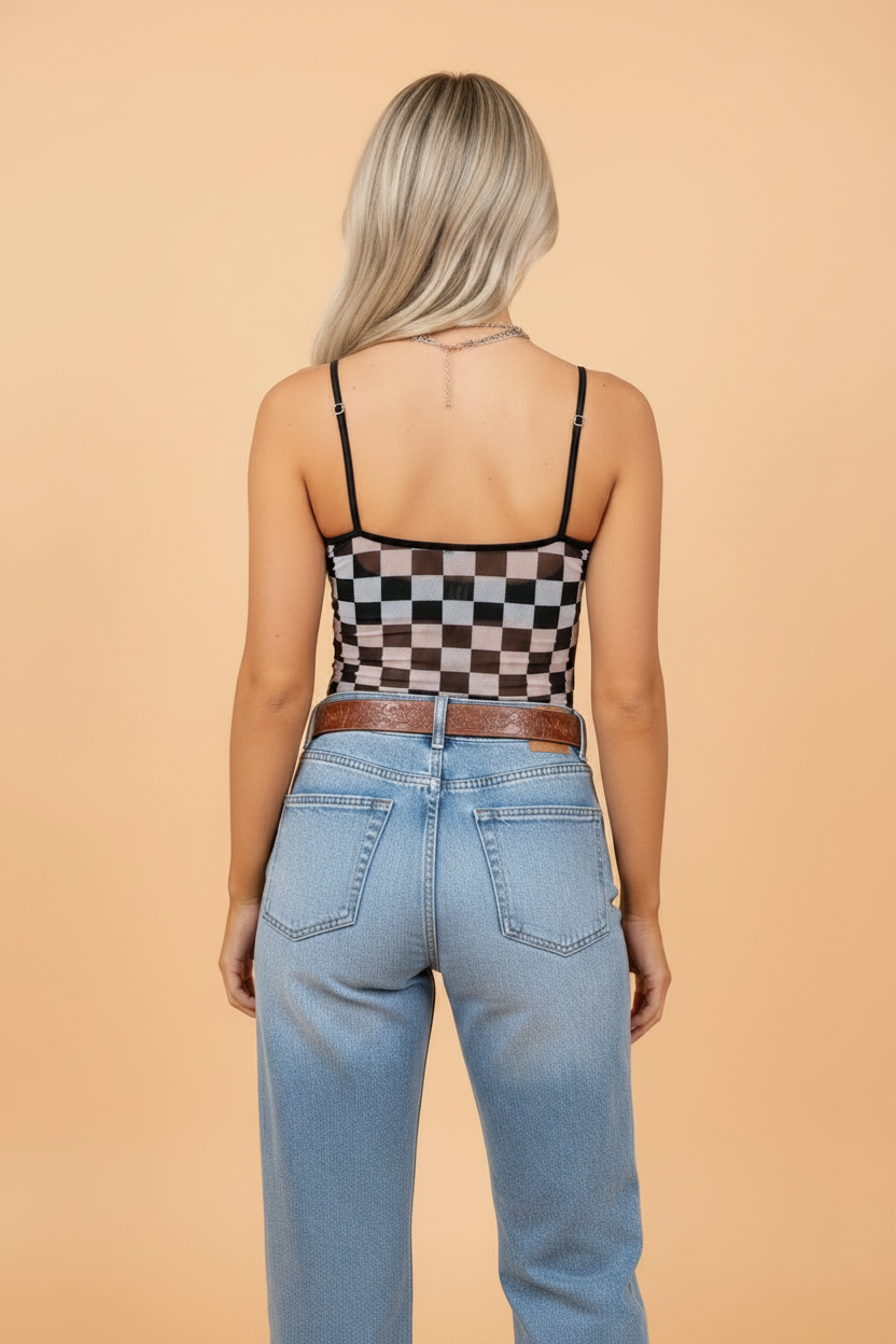 Checker Sheer Mesh Spaghetti Strap Tank Top