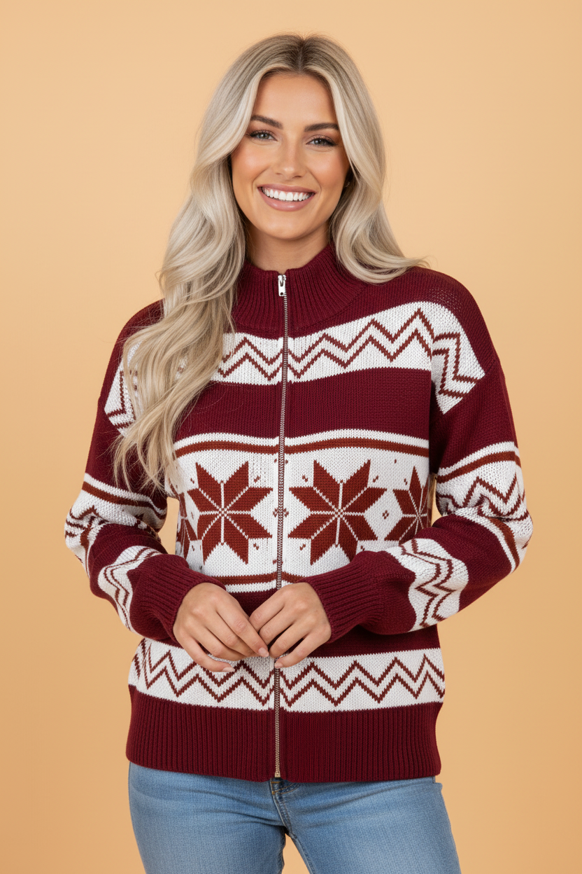 Geometric Fair Isle Knit Zip-Up Mock Neck Cardigan