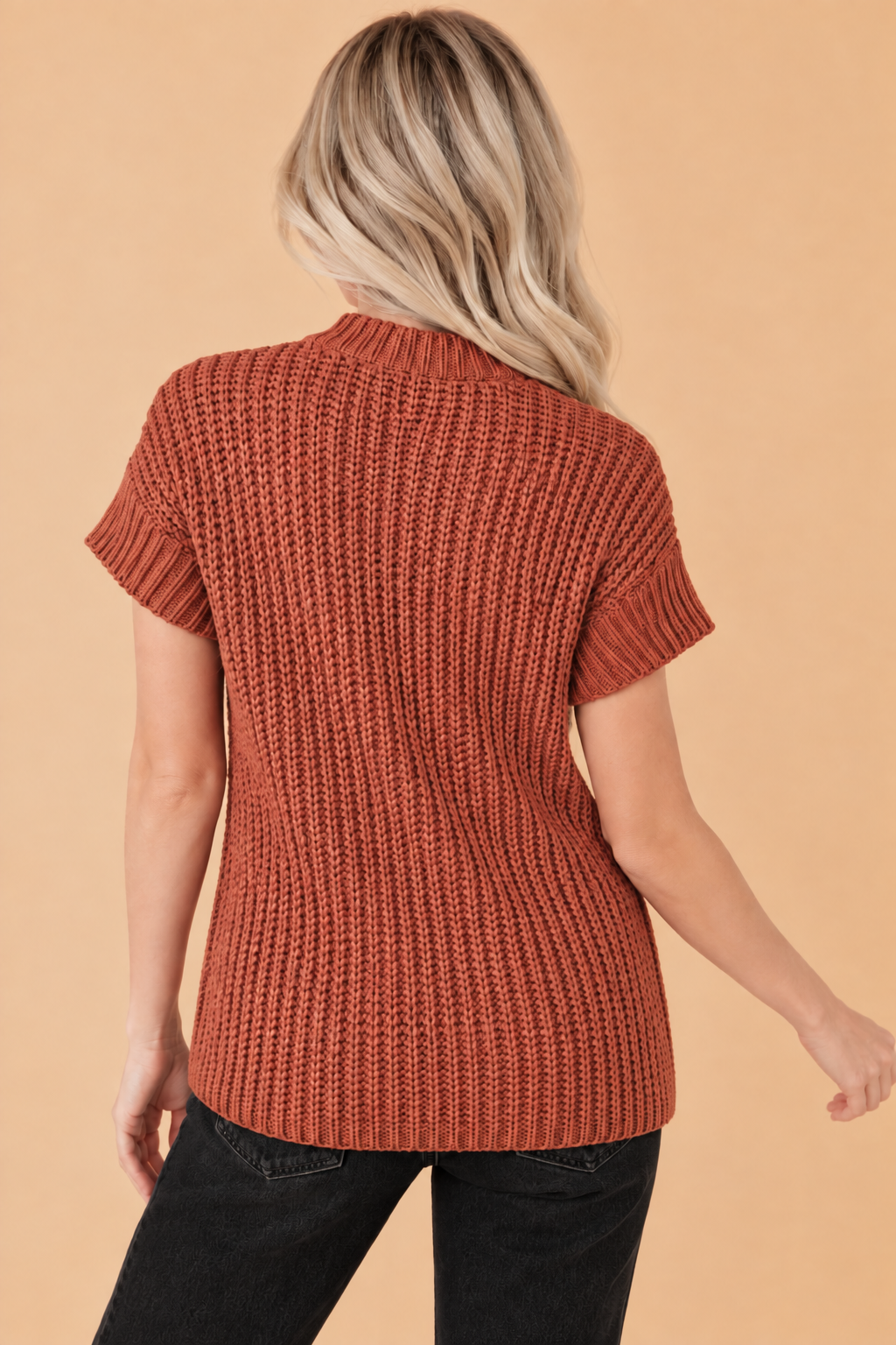 Solid Zip Up High Neck Short Sleeve Knit Top