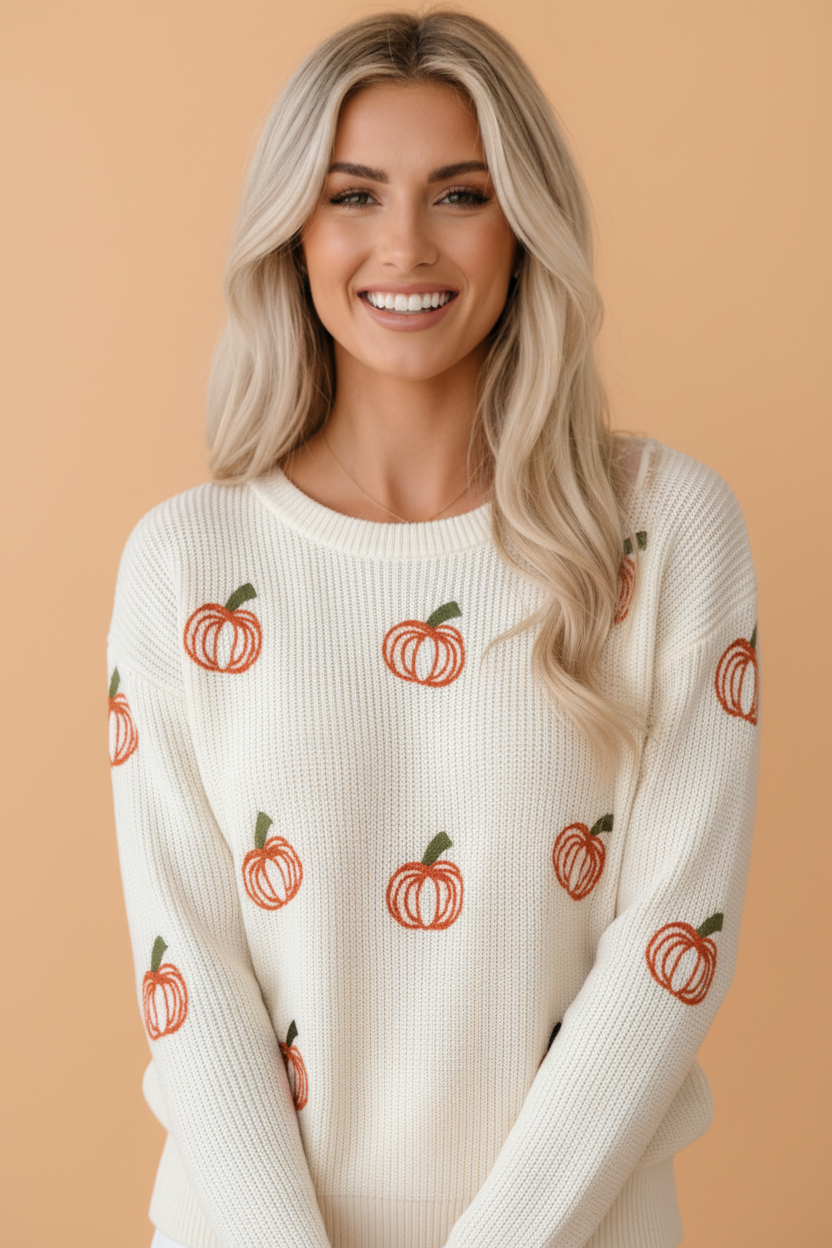 Halloween Pumpkin Embroidered Ribbed Thanksgiving Holiday Sweater
