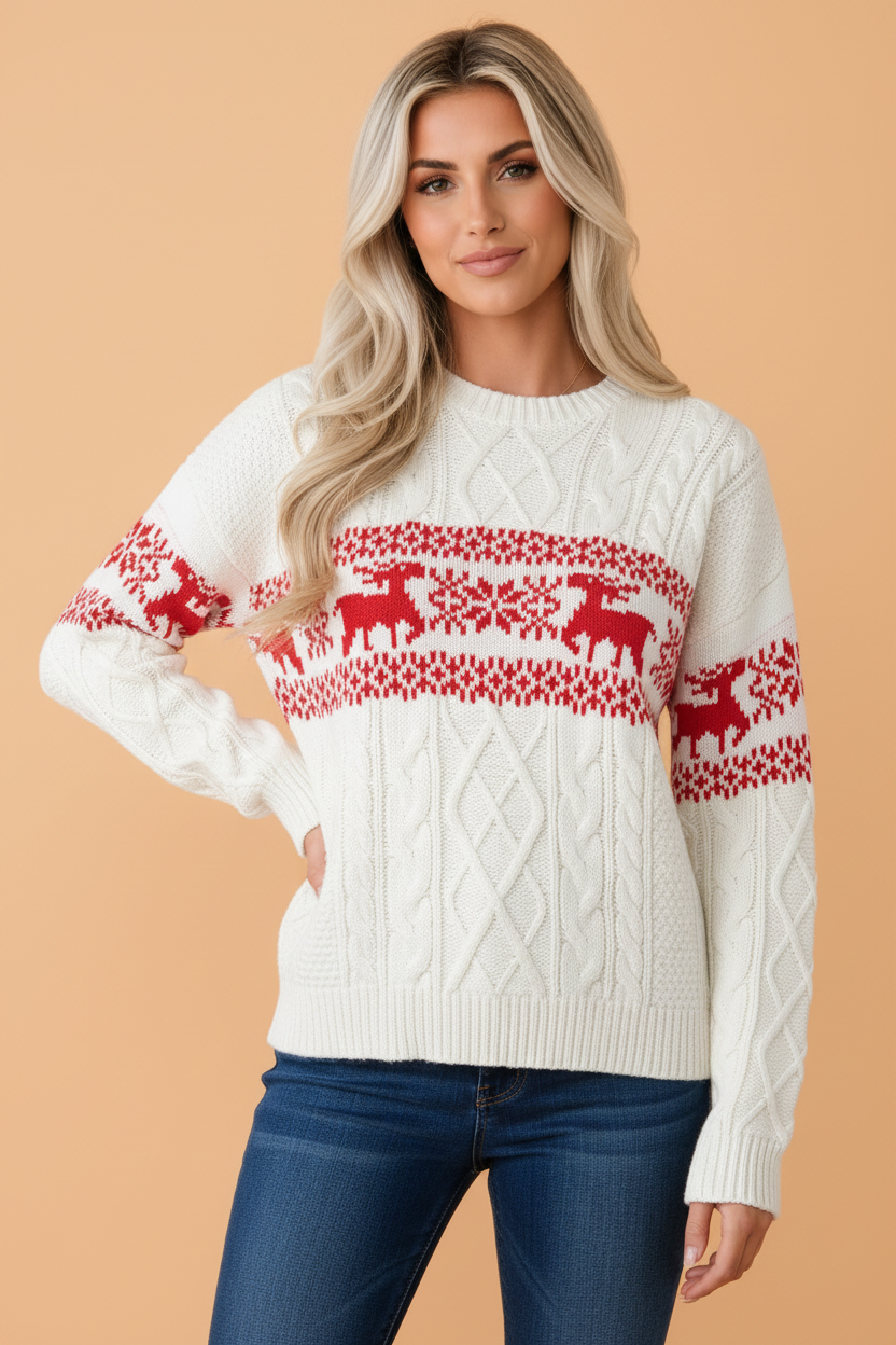Christmas Reindeer Graphic Print Cable Knit Sweater