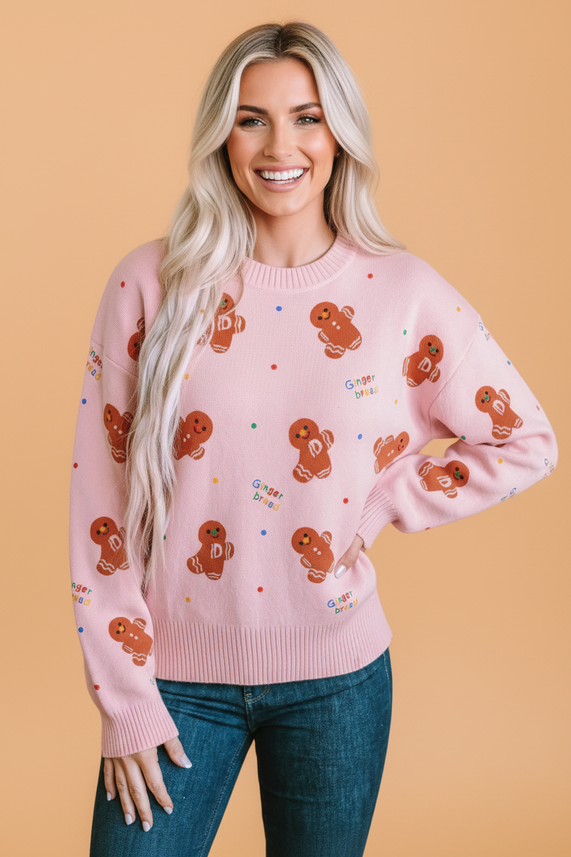 Christmas Gingerbread Ribbed Trim Round Neck Sweater