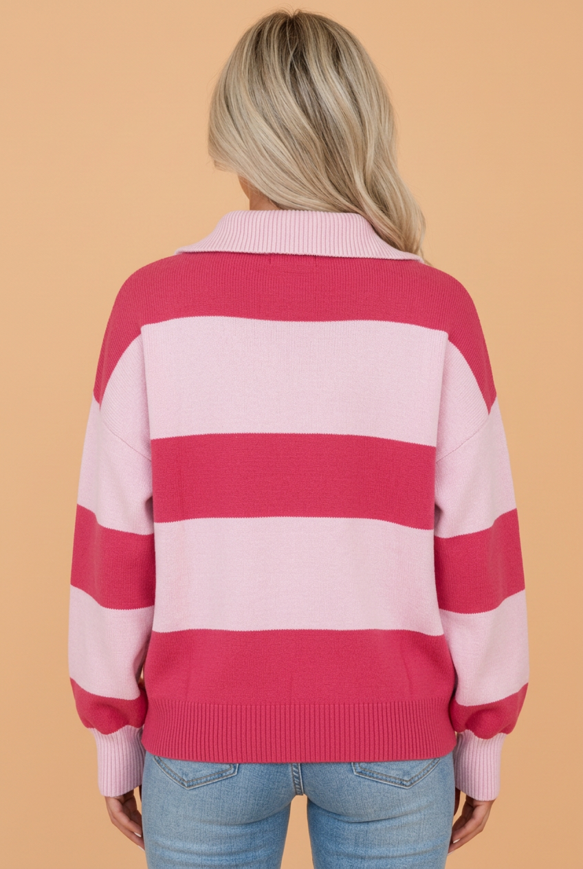 Stripe Colorblock Drop Shoulder Quarter-Zip Sweater