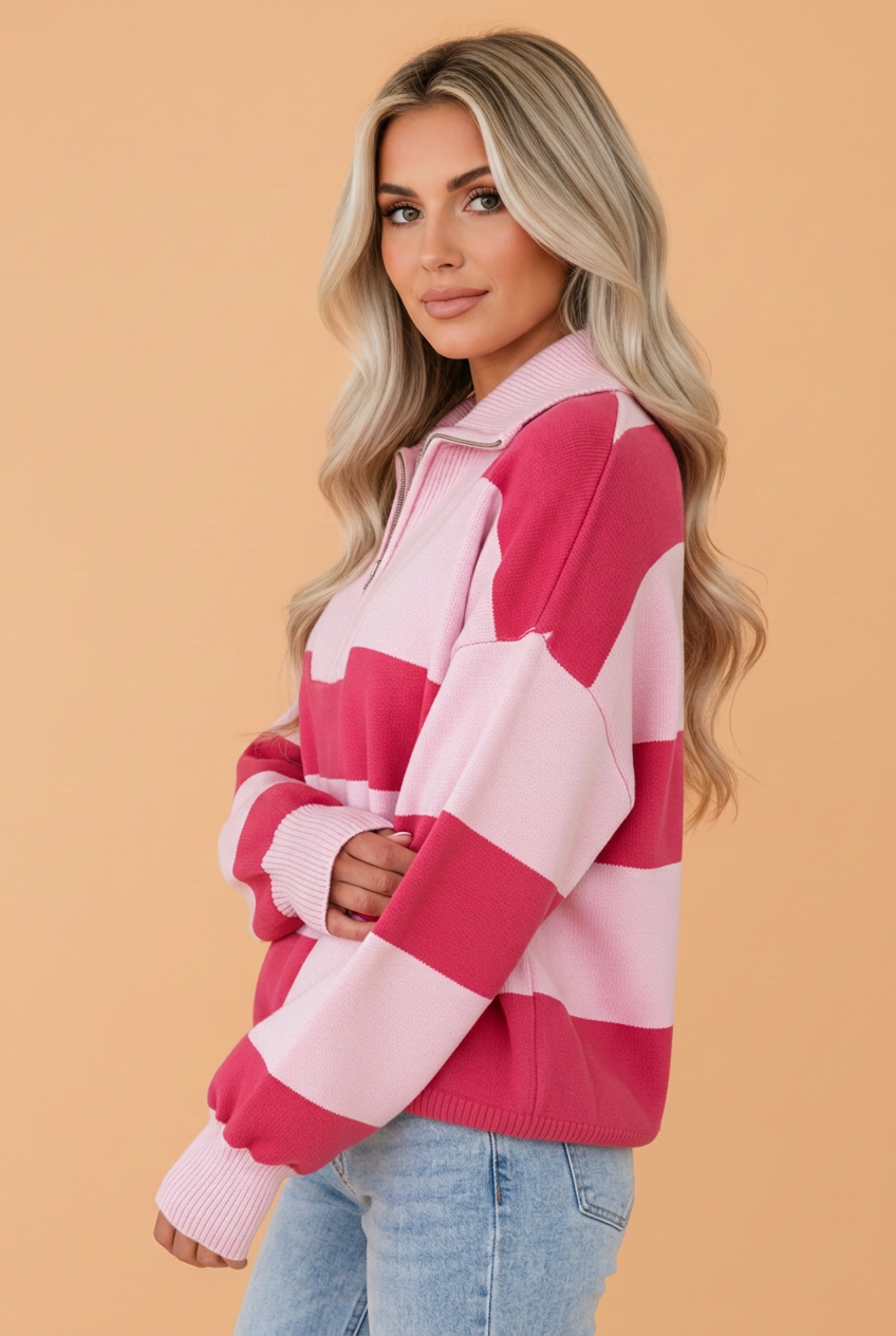 Stripe Colorblock Drop Shoulder Quarter-Zip Sweater
