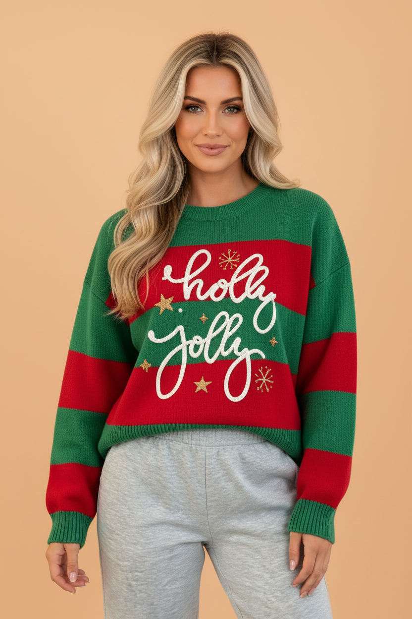 Christmas Stripe Holly Jolly Embroidered Sweater