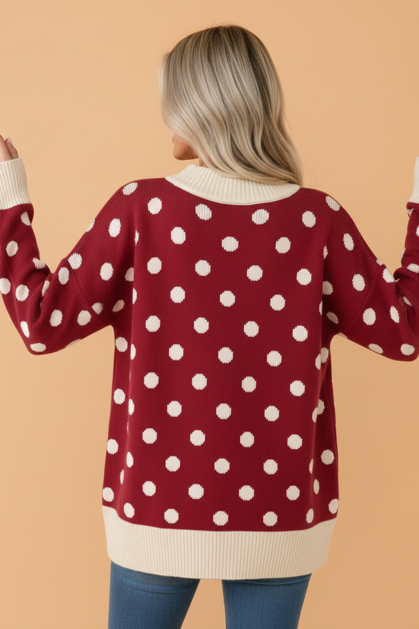 Polka Dot Colorblock Ribbed Trim Tunic Sweater