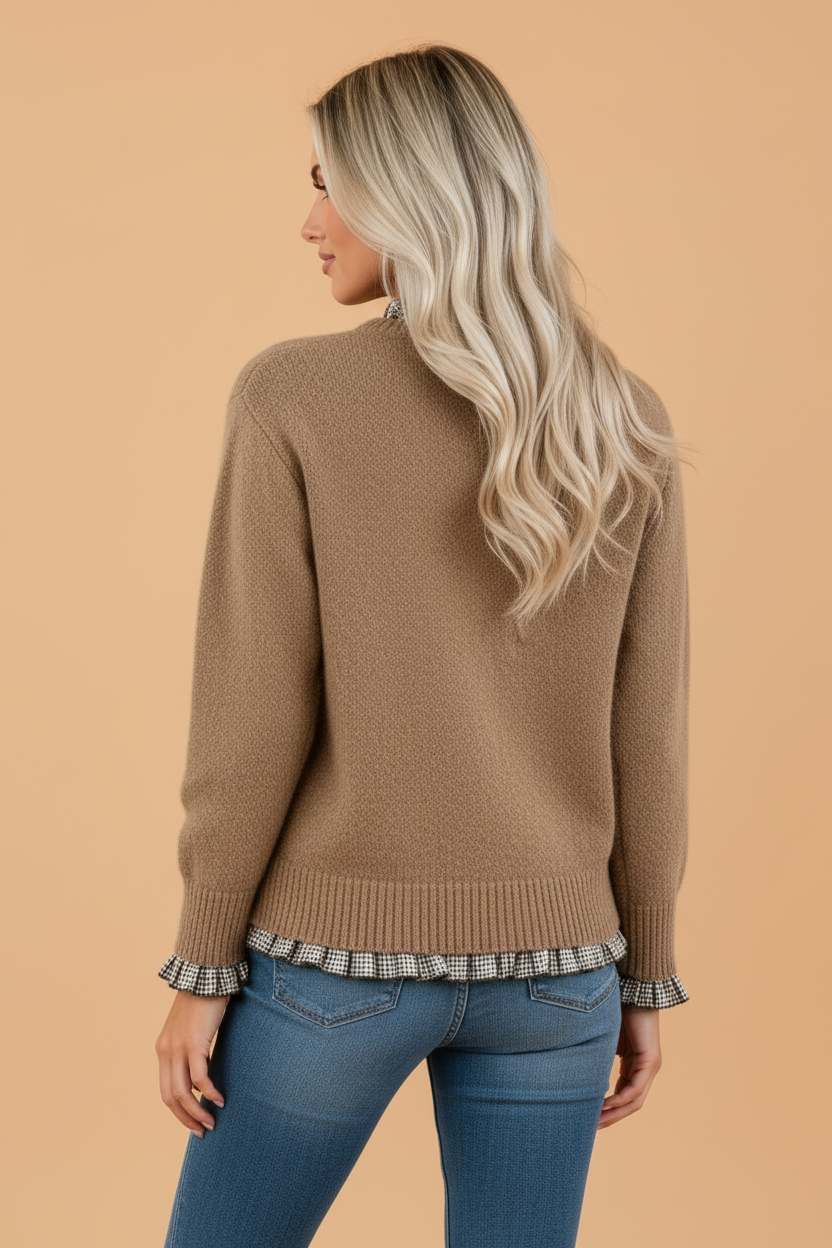 Gingham Ruffle Contrast Trim Pullover Sweater