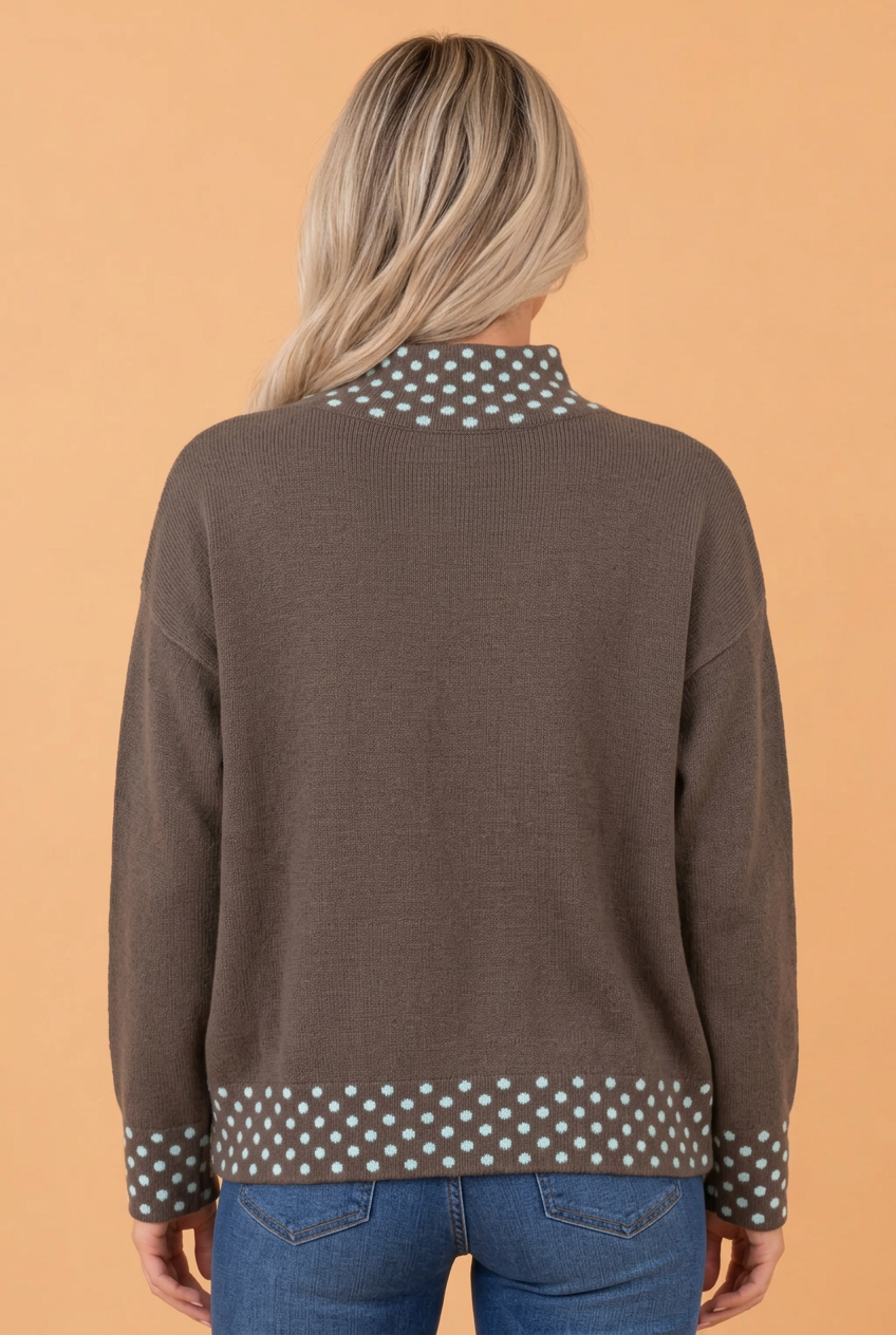 Polka Dot Contrast Mock Neck Sweater