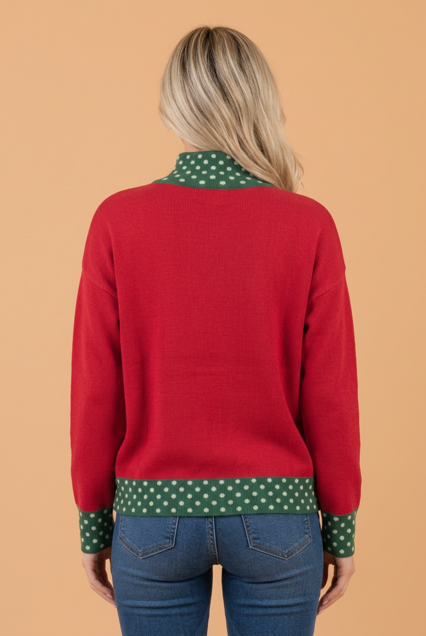 Polka Dot Contrast Mock Neck Sweater