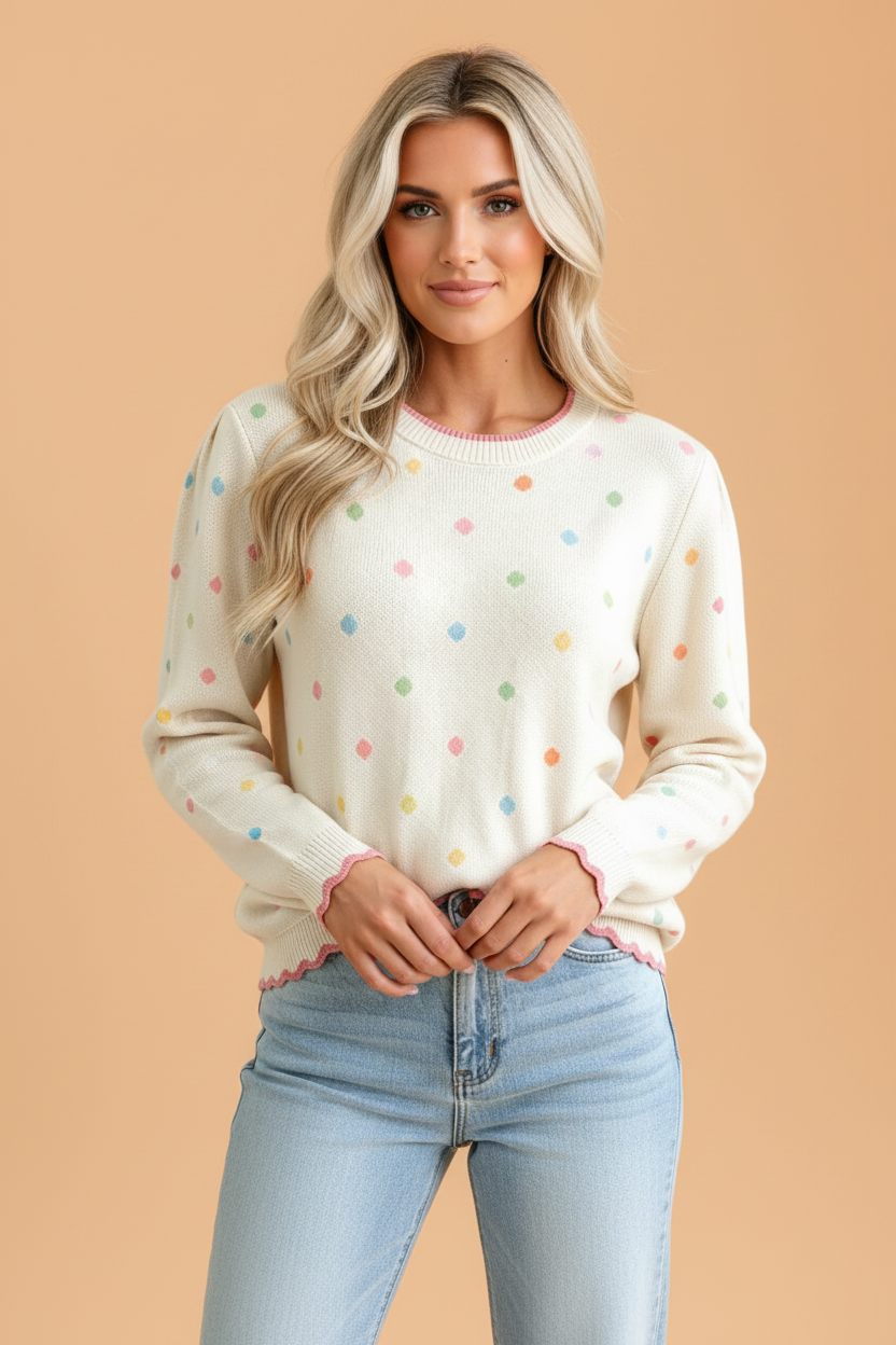 Polka Dot Scallop Trim Long Sleeve Sweater