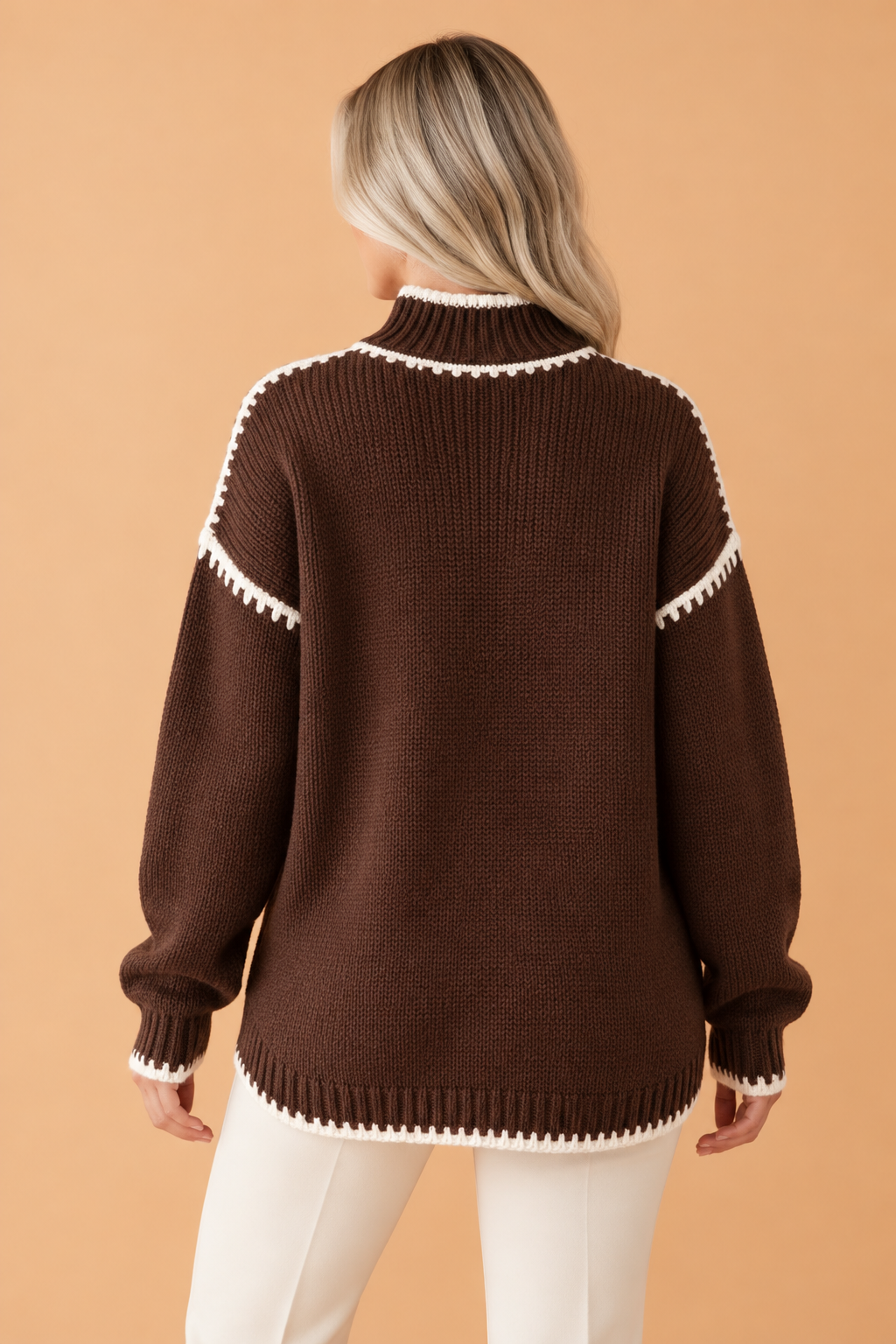 Contrast Trim Mock Neck Drop Shoulder Sweater
