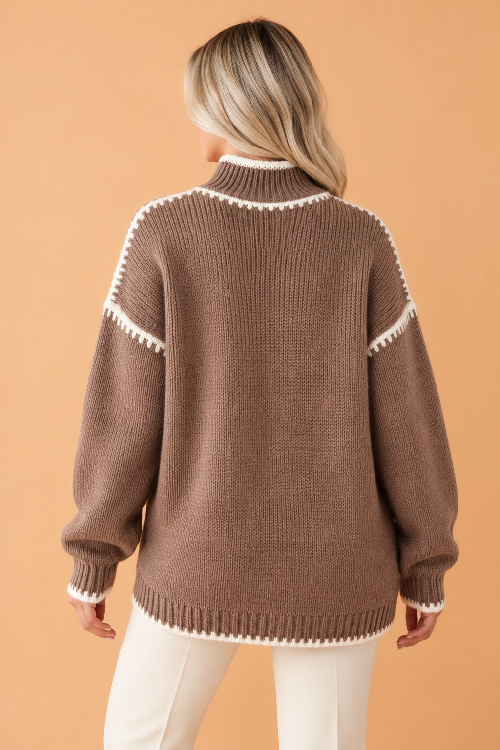 Contrast Trim Mock Neck Drop Shoulder Sweater