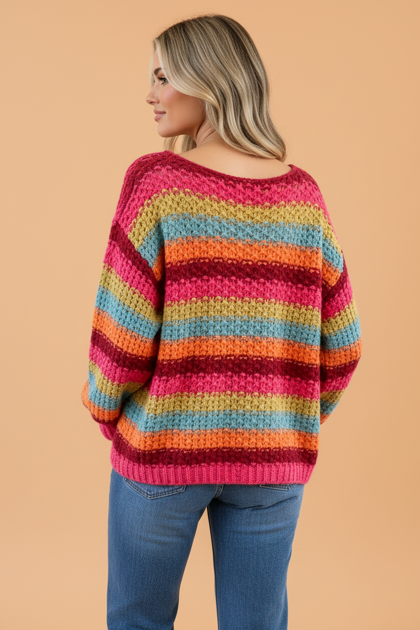 Stripe Crochet Knit Boat Neck Oversized Sweater