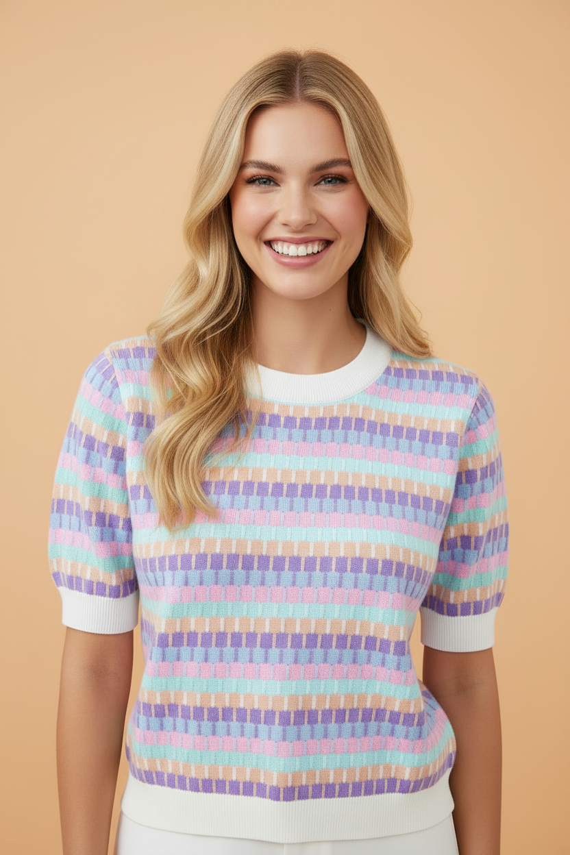 Abstract Stripe Short Sleeve Sweater Knit Top