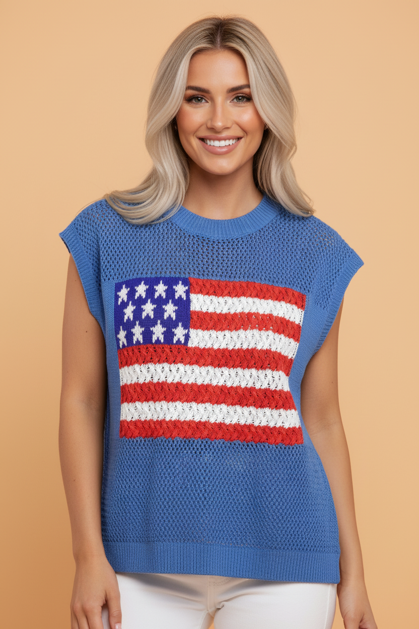 USA Flag Crochet Short Sleeve Sweater Top