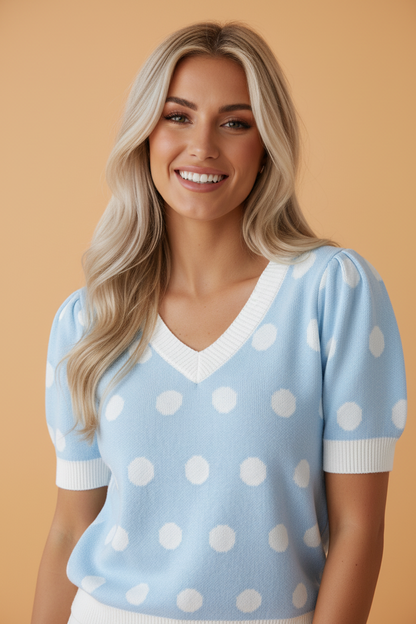 Polka Dot Puff Short Sleeve V-Neck Sweater