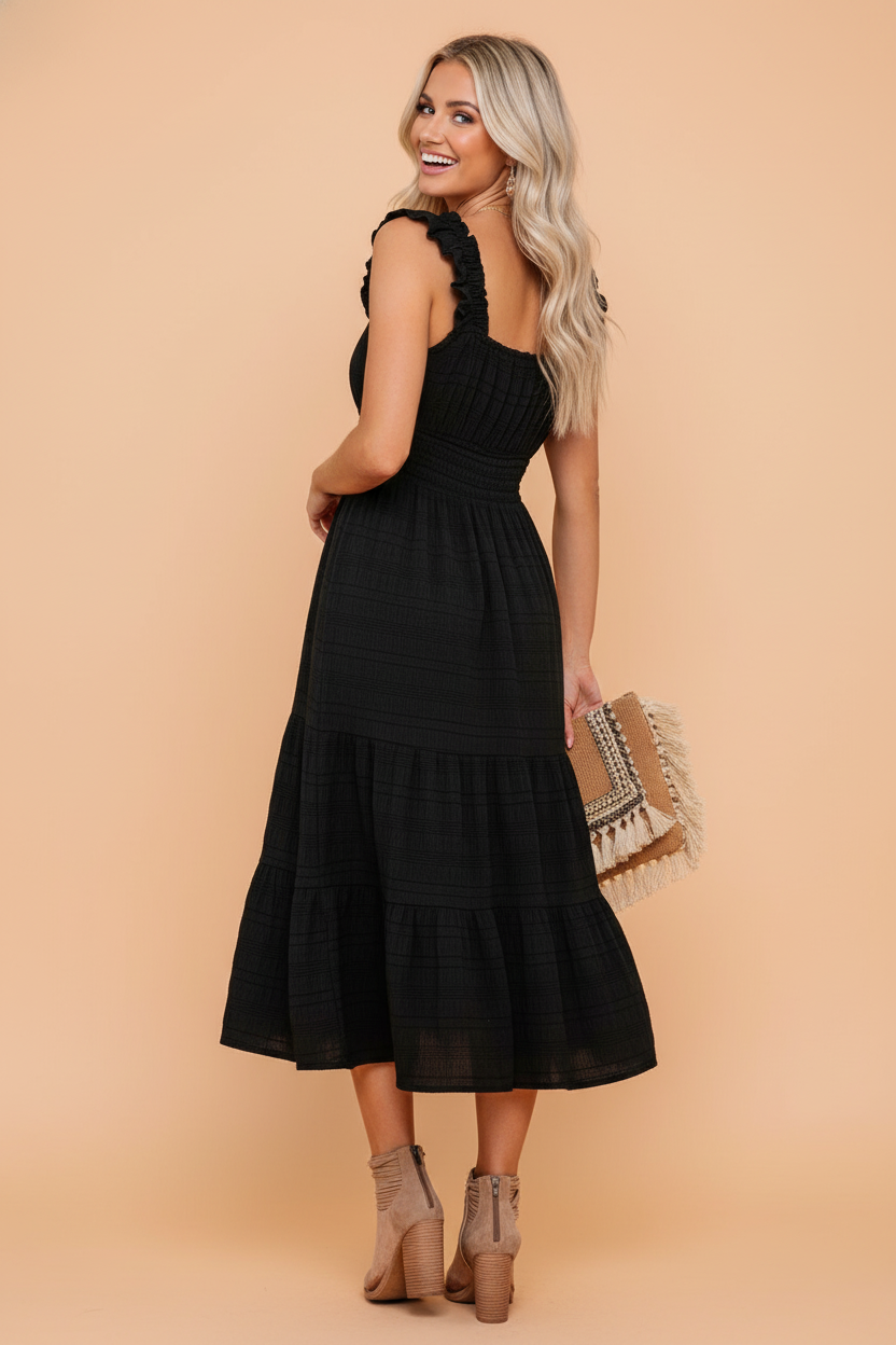 Shirred Pleated Square Neck Sleeveless Midi Dress