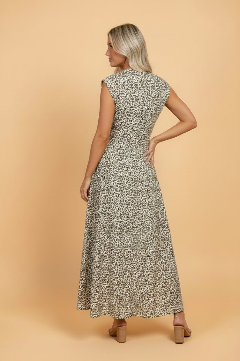 Leopard Zip Up V-Neck Cinched Waist Maxi Dress