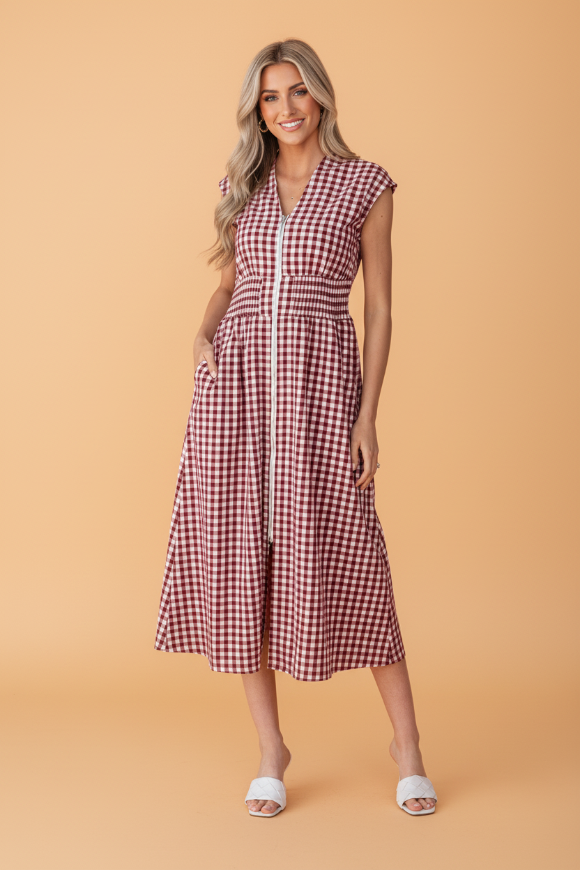 Gingham Plaid Zipped Cinched Waist Maxi Dress