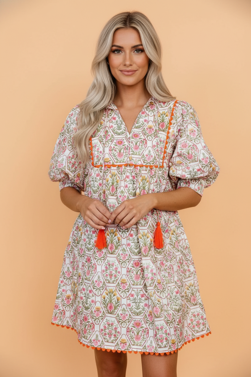 Floral Tassel Tie V-Neck Scalloped Trim Mini Dress