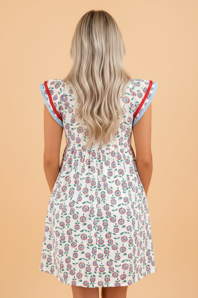 Floral Contrast Trim V-Neck Flutter Sleeve Mini Dress