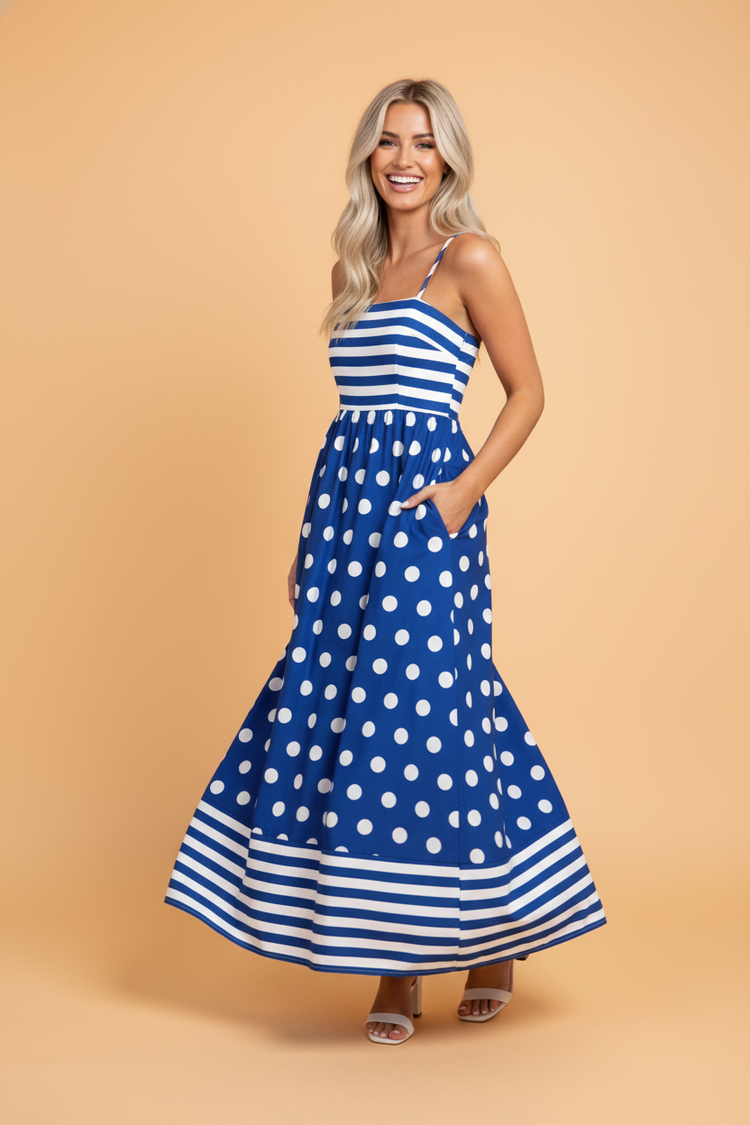 Stripe Polka Dot Patchwork High Waist Maxi Dress