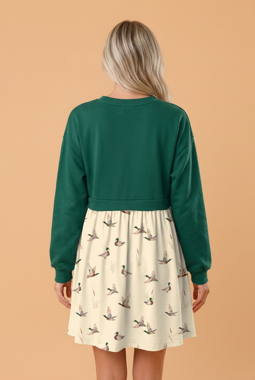 Mallard Patchwork Long Sleeve Flared Mini Dress
