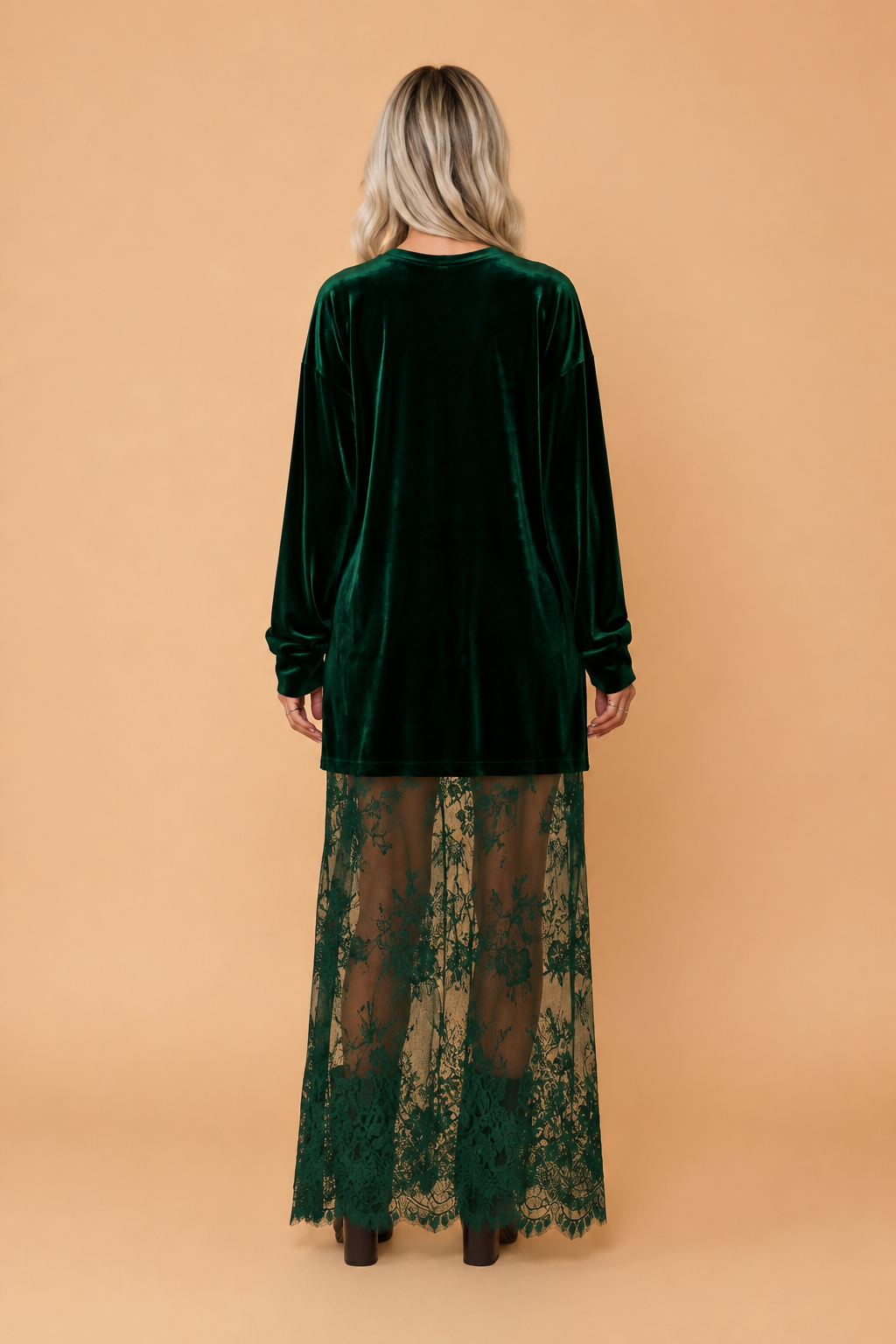 Solid Velvet Lace Hem Long Sleeve Maxi Dress