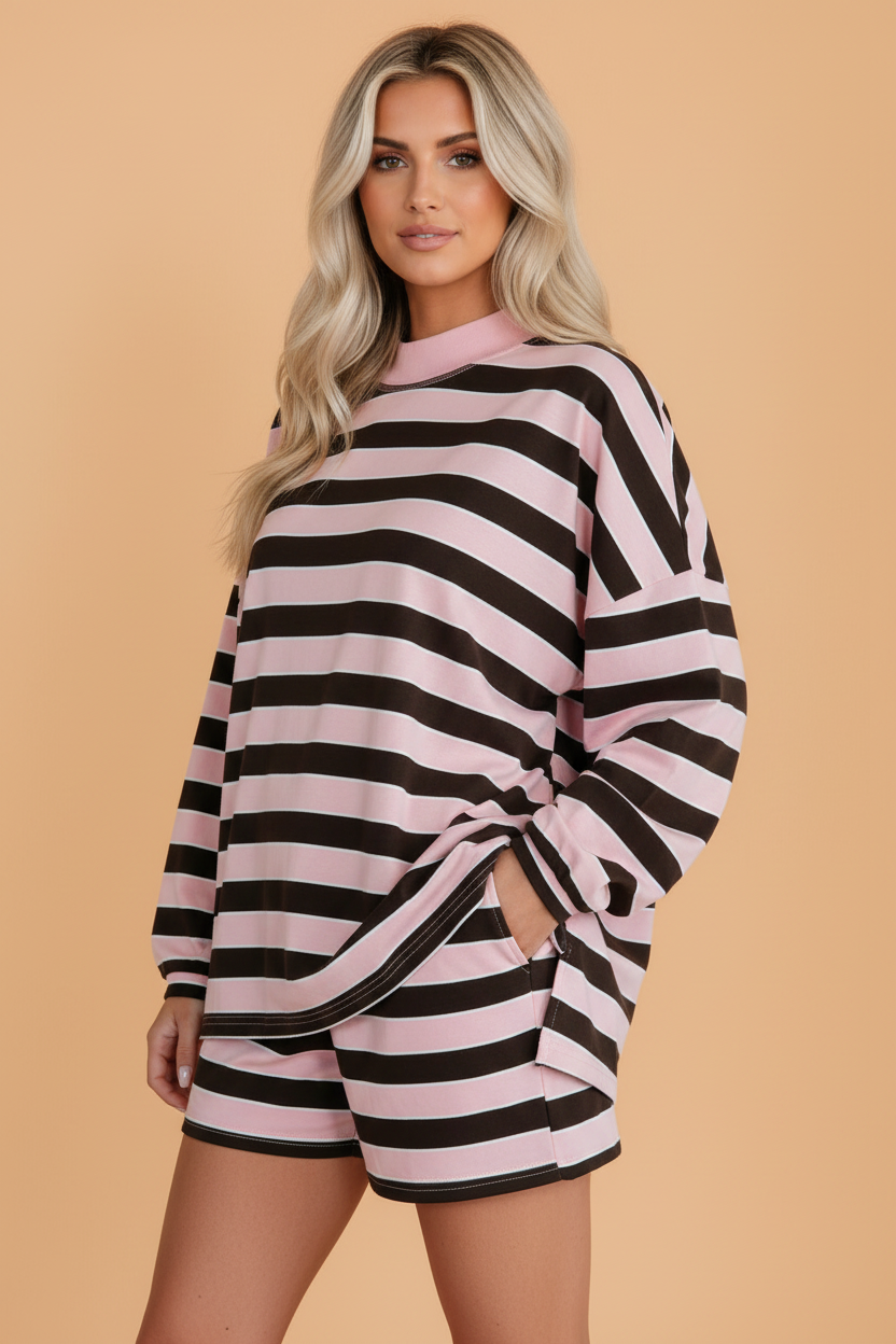 Stripe Oversized Long Sleeve Top & Shorts Set