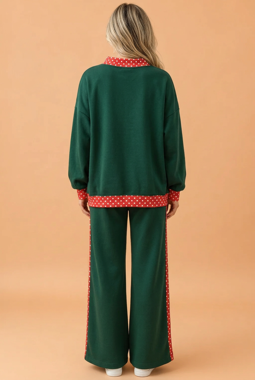 Polka Dot Colorblock Mock Neck Top & Pants Set