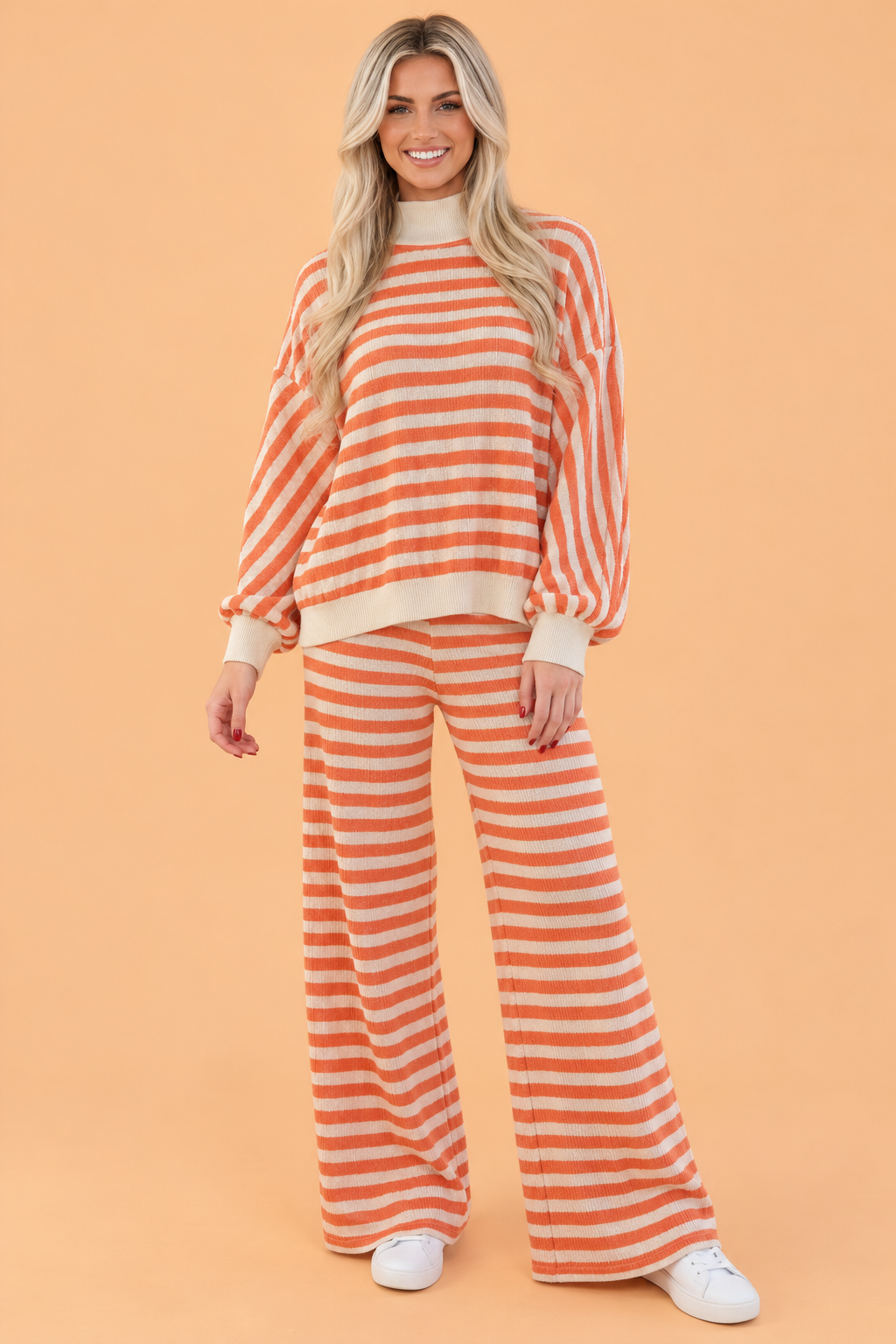 Stripe Textured Contrast Mock Neck Top & Pants Set