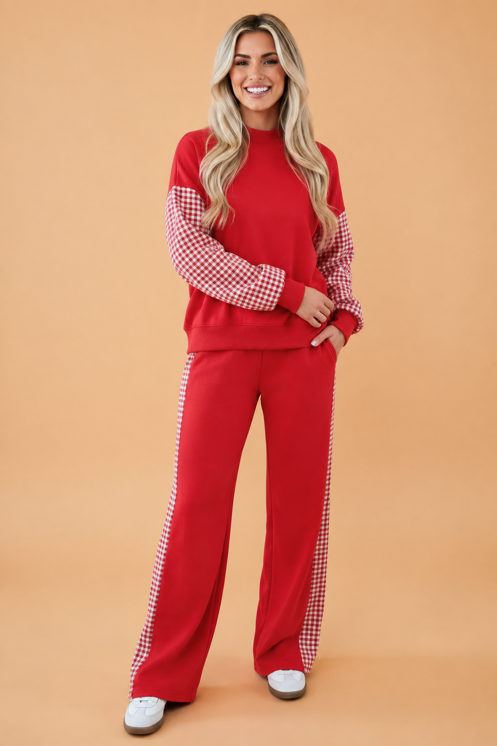 Gingham Patchwork Long Sleeve Top & Pants Set