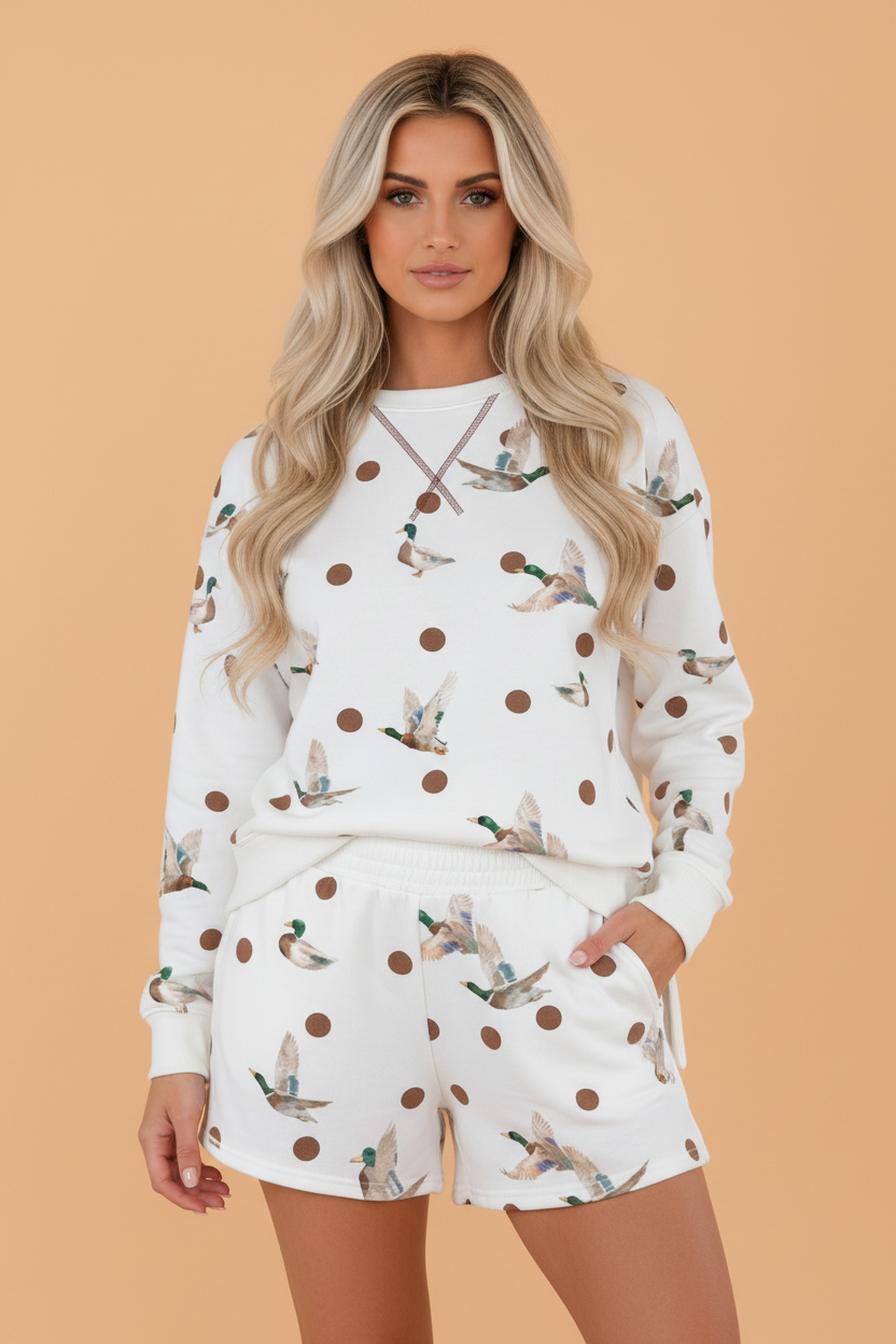 Mallard Polka Dot Split Hem Pullover & Shorts Set