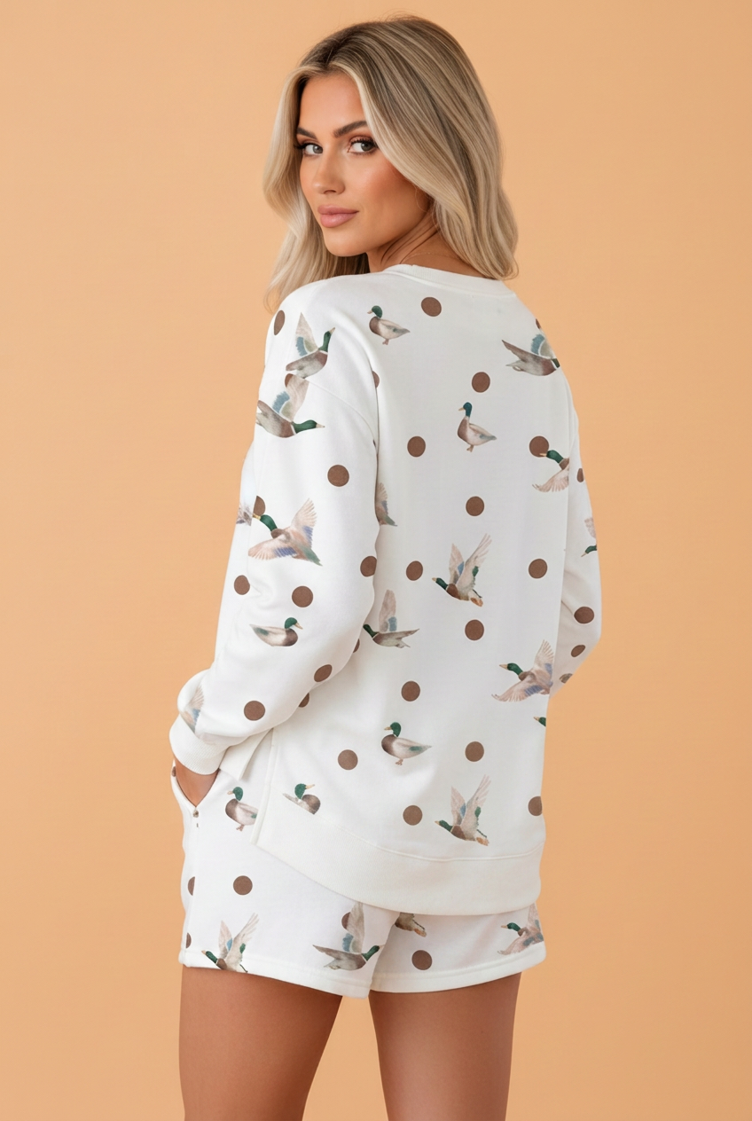 Mallard Polka Dot Split Hem Pullover & Shorts Set