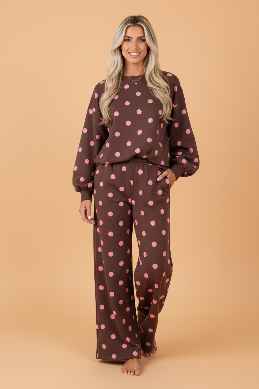 Polka Dot Puff Sleeve Top & Pants Set