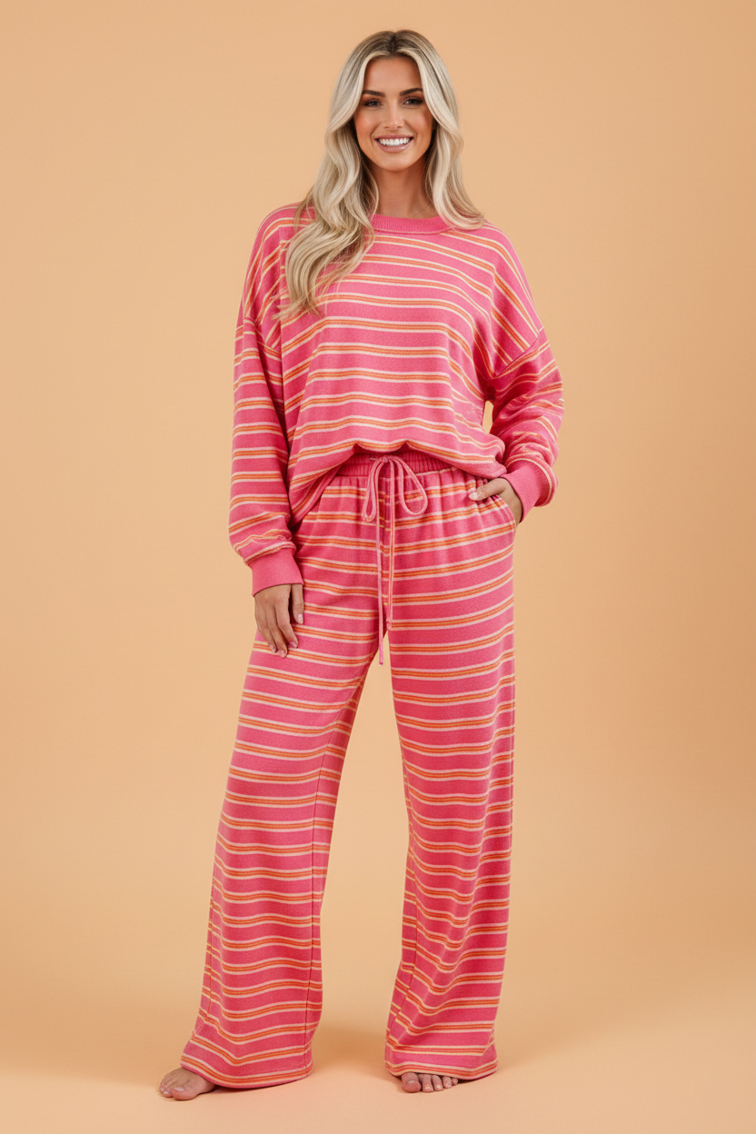 Stripe Back Cutout Top & Wide Leg Pants Set