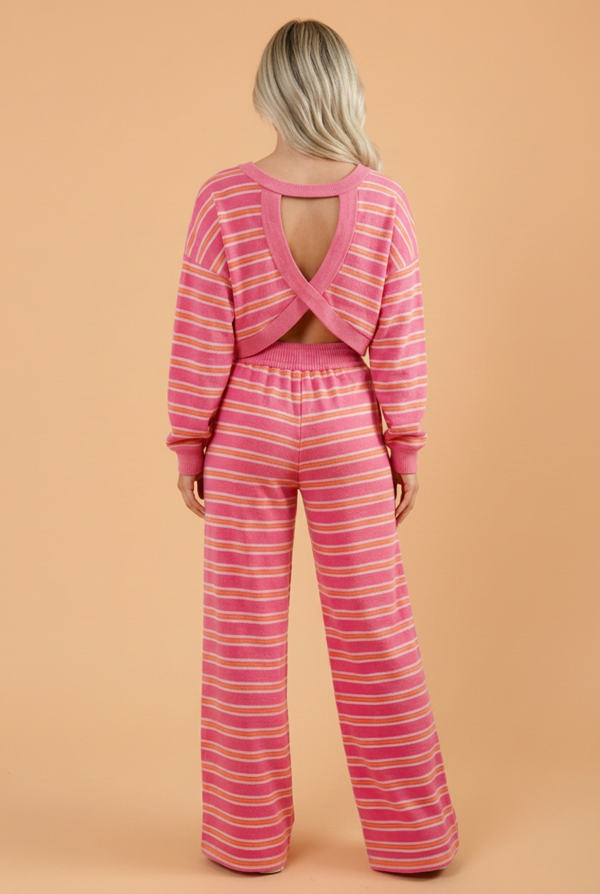 Stripe Back Cutout Top & Wide Leg Pants Set