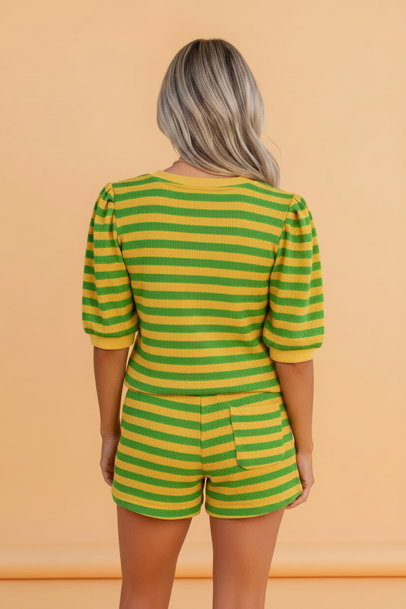 Stripe Puff Sleeve T-Shirt & Drawstring Shorts Set