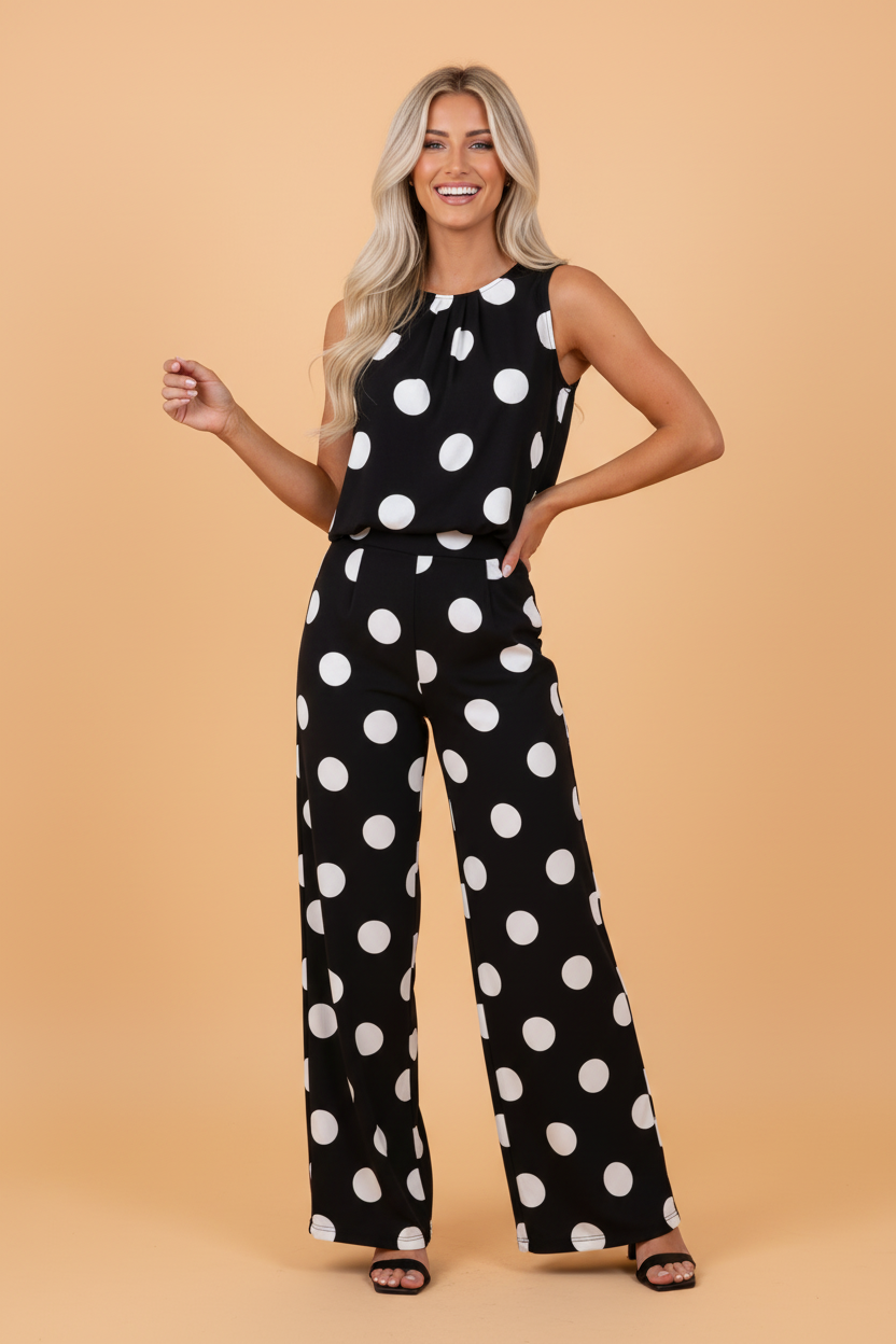 Polka Dot Pleated Tank & Wide Leg Pant Set