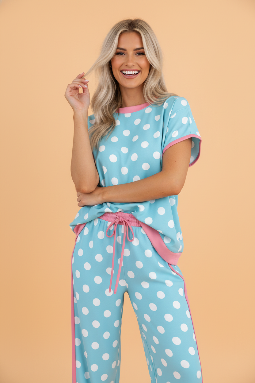 Polka Dot Short Sleeve Top & Drawning Pants Set