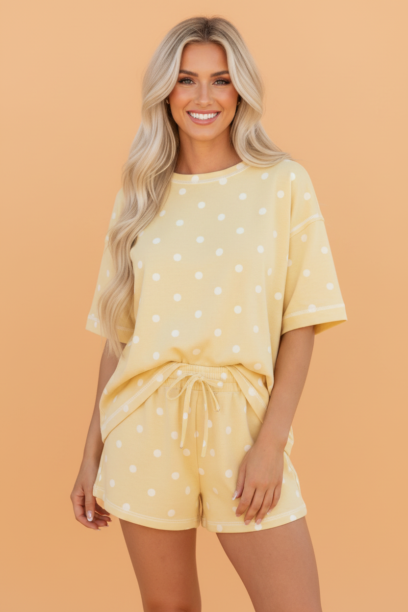 Polka Dot Loose Tee & Drawstring Shorts Set